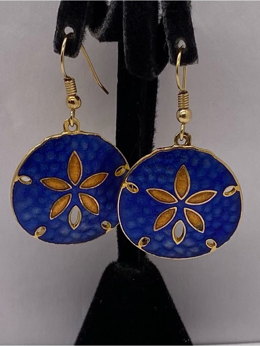Vintage Gold-Tone Blue Enamel Floral Drop Earrings - Women Jewelry